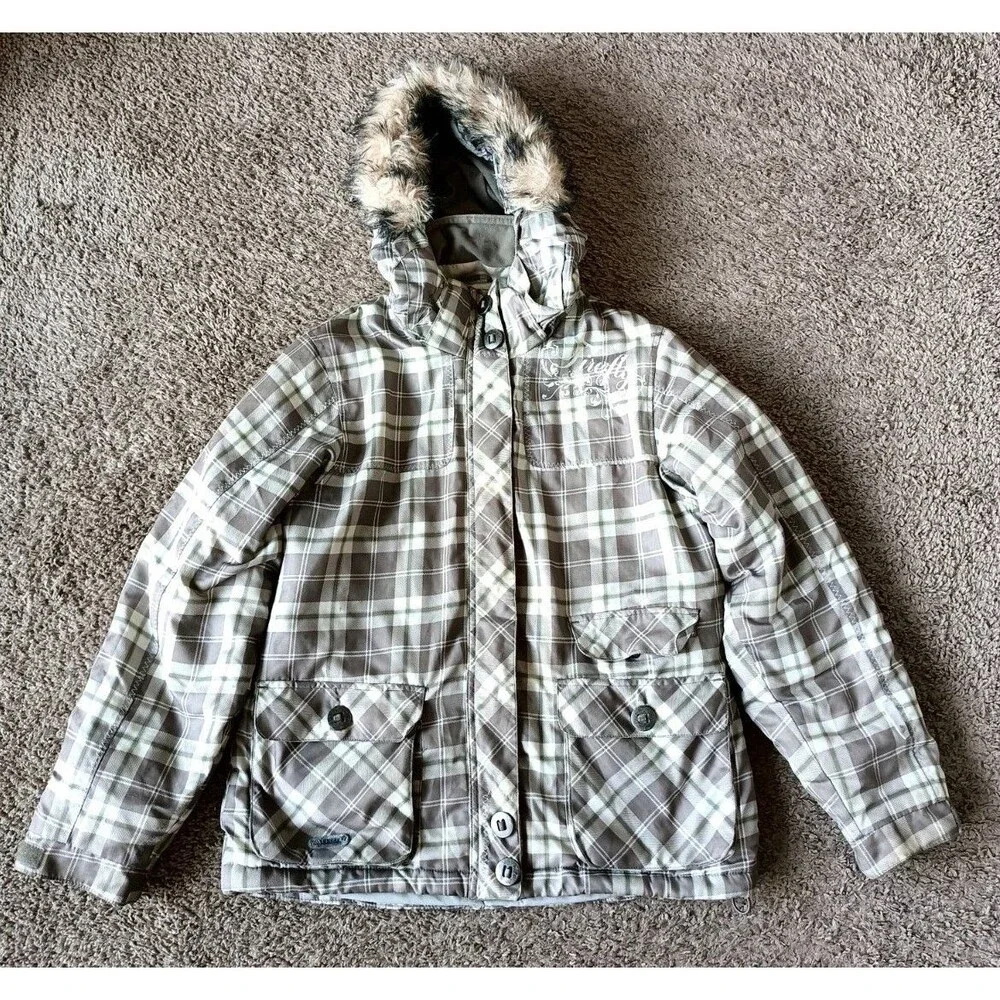 Firefly Winter Insulated Jacket Kids Size 14 Full Zip Fur Lined Hood Plaid
